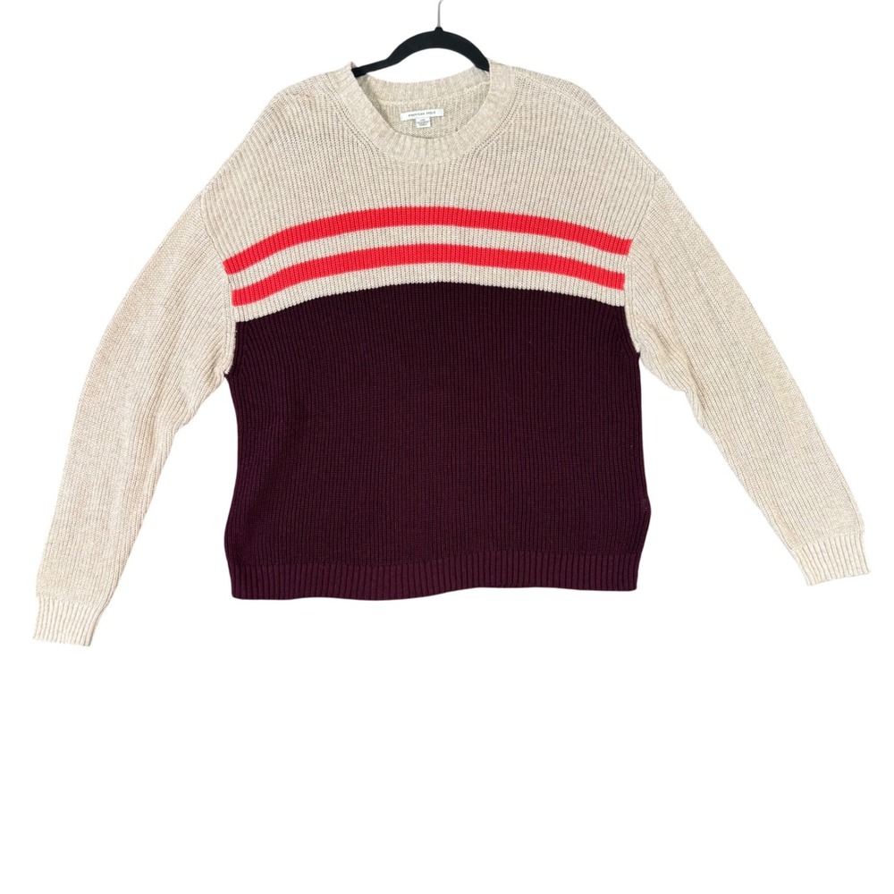 American Eagle Womens Stripe Colorblock Knit Sweater L Cream Burgundy Soft Cozy